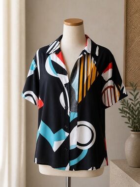 Express Black Short-Sleeve Button-Down with Multicolor Abstract Print